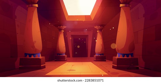 Cartoon corridor inside ancient Egyptian temple. Vector illustration of mysterious hall with large pillars, antique hieroglyphs and images on stone walls, entrance to pharaoh tomb. Game background svg