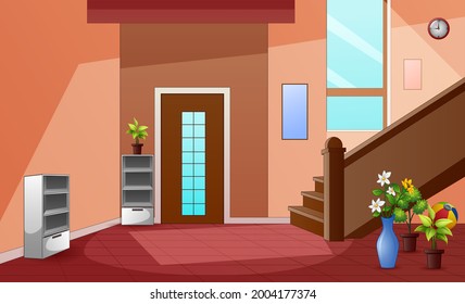 Cartoon corridor interior with stairs and entrance door