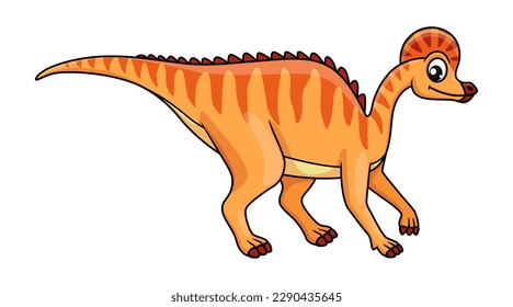 Cartoon corythosaurus dinosaur character. Isolated vector duck-billed herbivorous dino that lived in North America during the Cretaceous Period. Wildlife ancient animal with crest and long tail