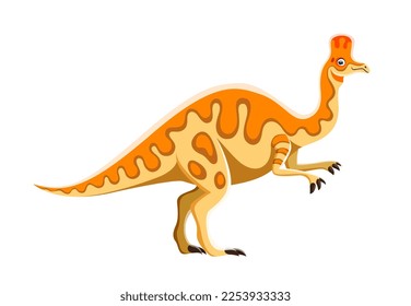 Cartoon Corythosaurus dinosaur character. Prehistoric reptile or beast, paleontology comic animal. Mesozoic era extinct lizard, isolated herbivore dinosaur vector funny personage with crest