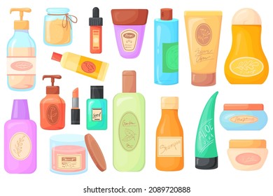 Cartoon Cosmetic Jars. Hair Skin Care Pruducts, Skincare Organic Cosmetics Bottle, Eco Cleanser, Lotion Facial Gel, Soap For Face, Oil Scrub Cream Vector Illustration. Bottle Product Cream Jar