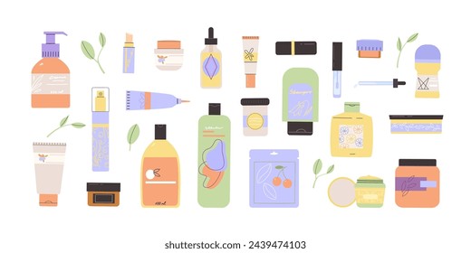 cartoon cosmetics packages set. collection with different shaped beauty cosmetics bottles jars and tubes, skin care body and hair makeup products. vector cartoon isolated items.