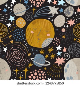 Cartoon cosmic background: cute planets, moon, shooting stars, galaxy, milky way. Cosmos art illustration filld with grunge, doodle, scrabble textures. Kids design for nursery, textile, scrapbooking