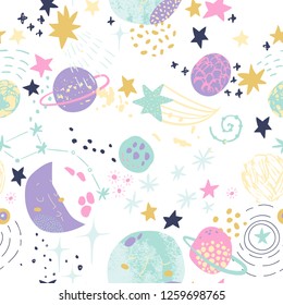 Cartoon Cosmic Background: Cute Planets, Moon, Shooting Stars, Galaxy, Milky Way. Cosmos Art Illustration, Grunge, Doodle Textures. Kids Design For Nursery