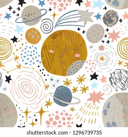 Cartoon cosmic background: cute planets, moon, shooting stars, galaxy, milky way. Cosmos art illustration filld with grunge, doodle, scrabble textures. Kids design for nursery, textile, scrapbooking