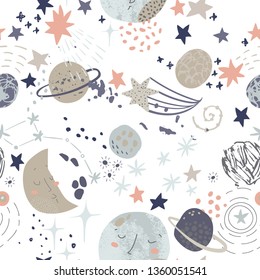 Cartoon cosmic background: cute planets, moon, shooting stars, galaxy, milky way. Cosmos art illustration, grunge, doodle textures. Kids design for nursery