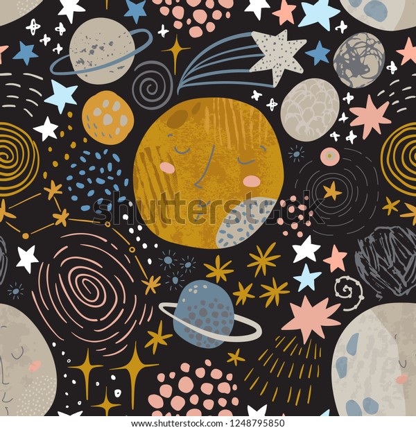 宇宙の背景 かわいい惑星 月 流星 銀河 天の川 Cosmosアートイラストにグランジ 落書き 落書き風のテクスチャーが入ったフィルド 子供のデザイン 繊維 スクラップブック のベクター画像素材 ロイヤリティフリー