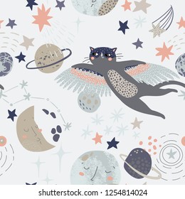 Cartoon cosmic background: flying cat in superhero mask, cute planets, moon, shooting stars, galaxy, milky way. Cosmos art illustration, grunge, doodle textures. Kids design for nursery