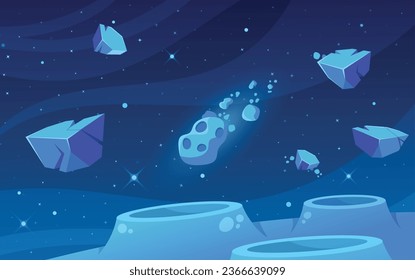 Cartoon Cosmic Background With Meteorites Rain Down Upon A Desolate Planet Surface, Sculpting A Beautiful Landscape