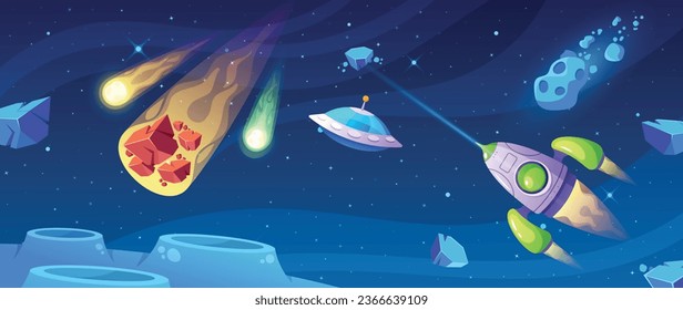 Cartoon Cosmic Game Scene With A Starry Space. Ufo Hovers Mysteriously While A Rocket Embarks On An Interstellar Journey