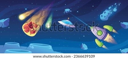 Cartoon Cosmic Game Scene With A Starry Space. Ufo Hovers Mysteriously While A Rocket Embarks On An Interstellar Journey