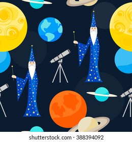 Cartoon cosmic seamless pattern background. Bright planets and magician astrologer.