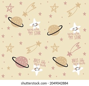 Cartoon cosmic seamless pattern. Planets, shooting stars. Cosmos Kids art design for nursery