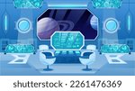 Cartoon cosmic ship center room interior. Futuristic space cabin with control panels, spaceship headquarters chairs and monitor screen flat vector illustration. Spacecraft control room