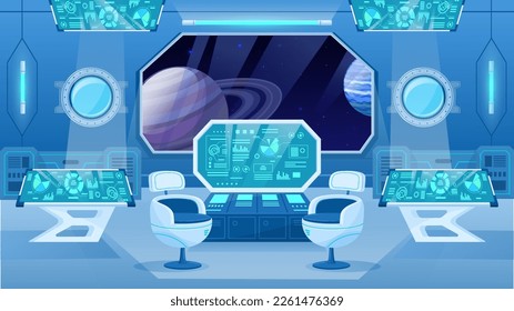 Cartoon cosmic ship center room interior. Futuristic space cabin with control panels, spaceship headquarters chairs and monitor screen flat vector illustration. Spacecraft control room