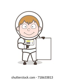 Cartoon Cosmonaut with Blank Banner Vector Illustration