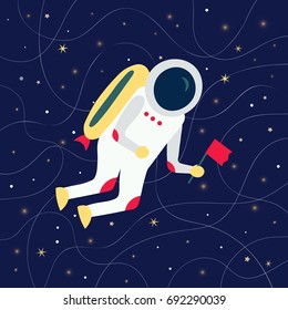 Cartoon cosmonaut with a flag flying in outer space. Vector illustration