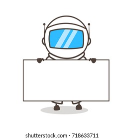 Cartoon Cosmonaut Showing a Ad Banner Vector Illustration