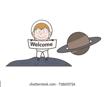 Cartoon Cosmonaut Showing Welcome Banner Vector Illustration