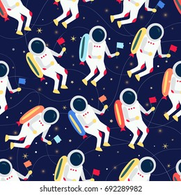 Cartoon cosmonaut in spacesuit flying in outer space pattern. Vector illustration