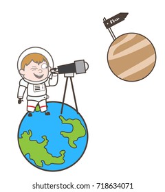 Cartoon Cosmonaut Watching Mars Planet Through Telescope Vector Illustration
