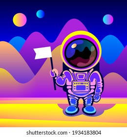 Cartoon cosmonaut wearing space suit is standing over fantastic landscape of alien planet and holding flag in hand. Concept of space travel, exploration of new planets, design for cosmonautics day