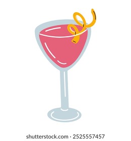 Cartoon cosmopolitan cocktail isolated on white background. Vector illustration of trendy cocktail. Hand drawn alcohol drink in martini cup.