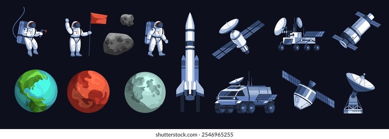 Cartoon cosmos exploration elements. Space research, rockets, satellites and lunar rover, astronauts in spacesuits, planets adventure, Earth and moon. Isolated flat objects tidy vector set