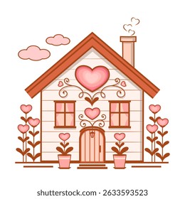 Casinha de desenhos animados decorada com corações e plantas em forma de coração, ilustração vetorial isolada sobre fundo branco, elemento de design decorativo para cartões, adesivo, decoração de casamento romântico.
