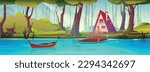 Cartoon cottage in forest near blue lake. Vector illustration of wooden house surrounded by old trees, green hills, boat floating on water surface. Beautiful landscape for summer glamping recreation