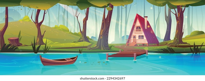Cartoon cottage in forest near blue lake. Vector illustration of wooden house surrounded by old trees, green hills, boat floating on water surface. Beautiful landscape for summer glamping recreation