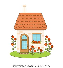 Cartoon cottage house with garden flowers vector illustration, isolated on white background. Decorative design for themes of home, gardening and rural living.