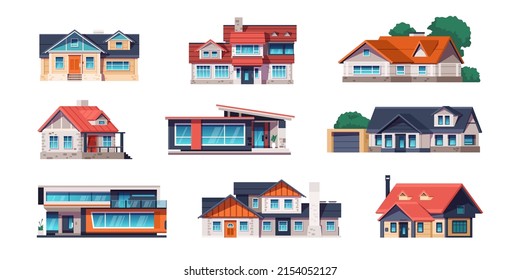 Cartoon cottage houses. Country and city building for rent, village modern and rural two-story real estate. Vector isolated set. Private luxury mansions made of stone and glass with terrace