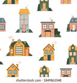 Cartoon Cottage patrón sin fisuras. Calle de fachada del hogar dibujado a mano, casa de pueblo y casa familiar en el campo, decoración de tela urbana textil, envoltura de papel tapiz textura vectorial sobre fondo blanco