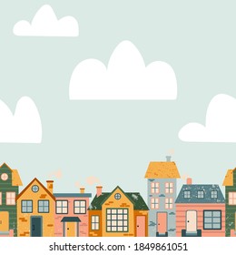Cartoon Cottage patrón sin fisuras. Calle de fachada del hogar dibujada a mano, casa de pueblo y nubes y cielo en el campo, decoración de tela urbana textil, envoltura de papel tapiz textura vectorial sobre fondo azul