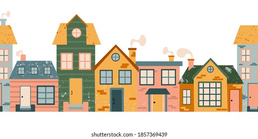 Cartoon Cottage patrón sin fisuras. Calle de fachada del hogar dibujada a mano, casa de pueblo y casa familiar en el campo, decoración de frontera urbana textil, envoltura de papel tapiz textura vectorial sobre fondo blanco