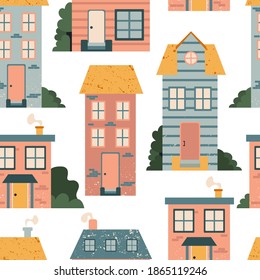 Cartoon Cottage seamless pattern. Hand drawn home facade street, townhouse and family house in countryside, urban fabric decor textile, wrapping paper wallpaper vector texture on white background