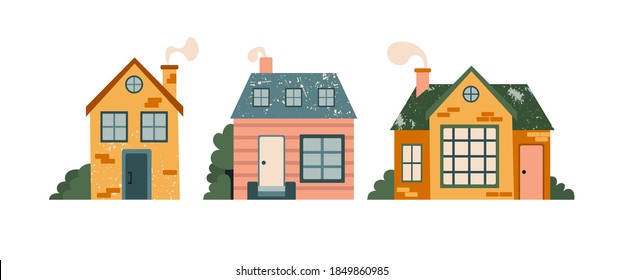 Juego de caricaturas de Cottage. Fachada del hogar dibujada a mano con vista al exterior de textura, linda casa de pueblo luminosa y casa familiar en colección de campo, diseño moderno de propiedad inmobiliaria vector plano ilustración aislada