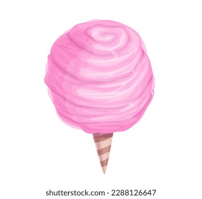 Cartoon cotton candy, isolated vector fluffy delicious pink sugar cloud in cone. Traditional street fair and carnival food. Sweet dessert on white background. Soft yummy confection, summer snack