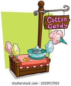 Cartoon cotton candy vendor booth or shop market wooden stand. Wooden sign with text Cotton candy. Vector icon for game.