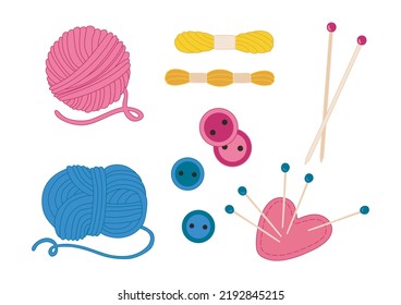 Cartoon cotton or wool yarn for knitting and cross stitch isolated vector illustration collection. Spokes and needles. Pillow for needles.