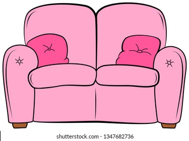 Cartoon couch with pillow. Pink sofa with cushion vector clipart.