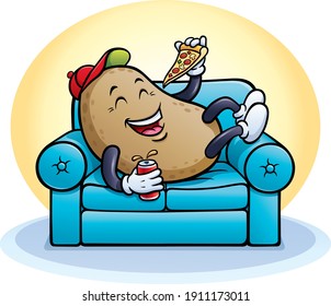 Cartoon of a couch potato character that is happy and laughing while laying on a couch and eating a slice of pizza and drinking a canned drink.