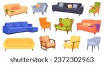 Cartoon couches and armchairs. Isolated couch armchair vintage soft chair for relax in lounge modern office or home studio room decor interior, sofa divan vector illustration of couch and armchair
