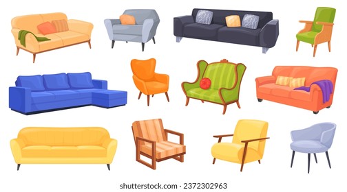 Cartoon couches and armchairs. Isolated couch armchair vintage soft chair for relax in lounge modern office or home studio room decor interior, sofa divan vector illustration of couch and armchair