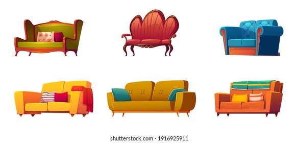 Cartoon couches and sofa furniture, isolated set. Classic and modern design made of leather, fabric, buttoned quilted upholstery with pillows, interior objects on white background, vector illustration