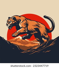 Cartoon cougar in a jump. Vector illustration