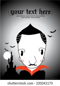 cartoon Count Dracula  vampire, with a castle in a background, vector illustration