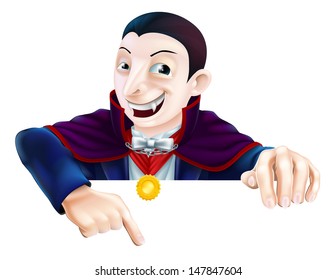 Cartoon Count Dracula vampire character for Halloween above a sign or banner pointing down at it