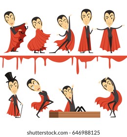 Cartoon Count Dracula wearing red cape set. Vampire characters vector illustrations